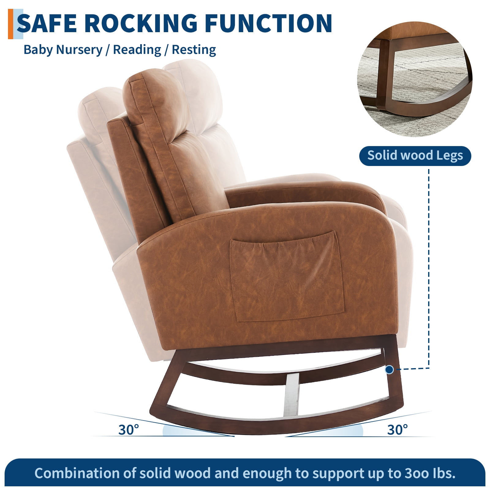 Nursery Rocking Chair with High Backrest and Side Pocket, 300lb Glider Chair with Solid Wood Legs&Two Side Pockets, Glider Accent Armchair with Rubber Wood Legs for Living Room, Bedroom, or Nursery