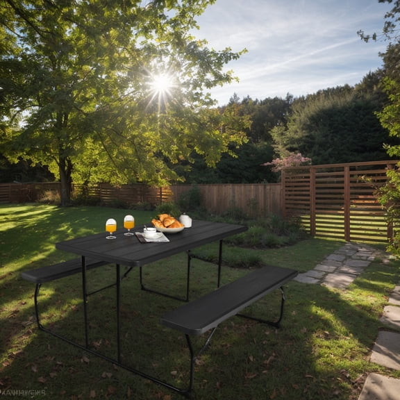 Resenkos Indoor and Outdoor Folding Picnic Table Bench Set with Wood-like Texture-Black for Patio Back Deck, Balcany, Poolside