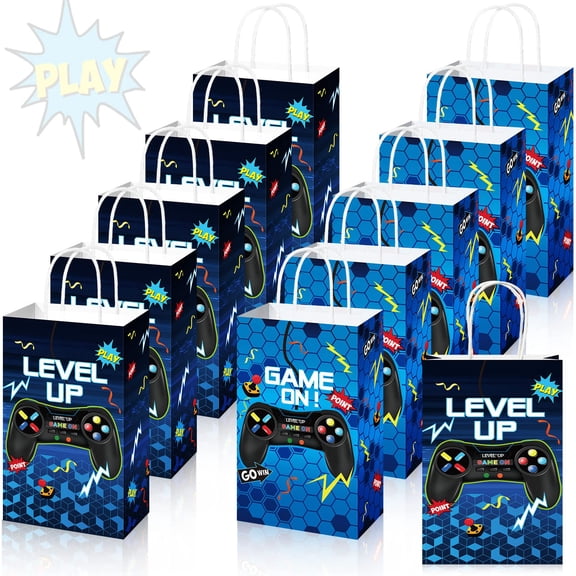 Saypacck 30 Pcs Video Game Party Gift Bags Gamer Theme Party Supplies Level up Paper Handbag Goodie Bag with Handle Gaming Favors for Birthday(Blue) C113