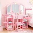 thumbnail image 3 of Matladin Kids Vanity Table and Chair Set with Tri-Fold Mirror & Stool, Extra-Wide Kids Vanity Set, Princess Dressing Table for Girls Ages 3-8, 3 of 8