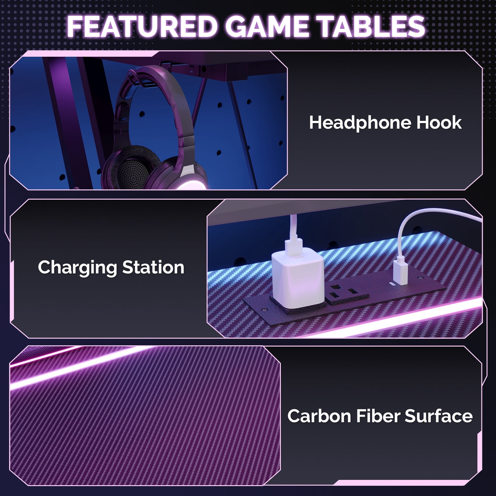 31.5" Z-Shaped Gaming Desk with Carbon Fiber Texture and Recessed LED Light, Black