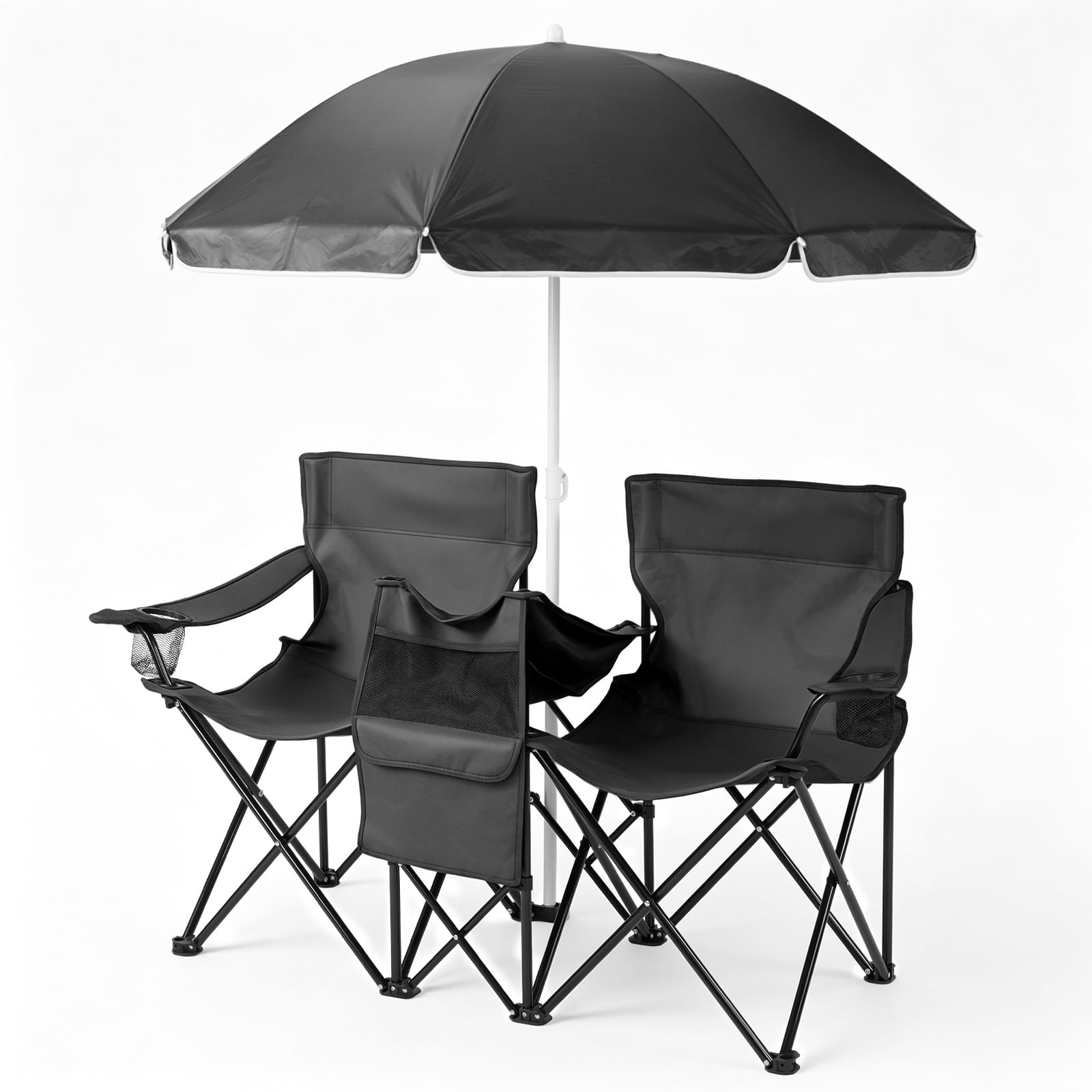XL Double Folding Fishing Chair with Adjustable Umbrella,Iron Frame Chair with Insulated Cooler Bag, Cup Holder & Side Pocket, Portable 2-Person Outdoor Chair for Fishing Camping Beach