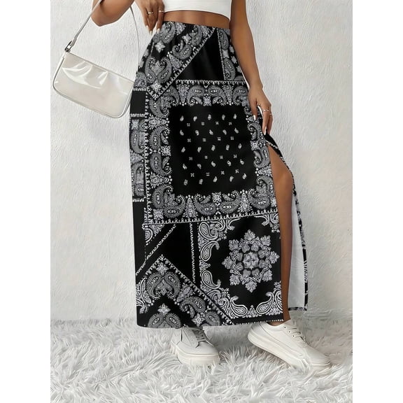 Multicolor Bandana Print High-Slit Flowy Maxi Skirt For Women Summer Vacation Dating