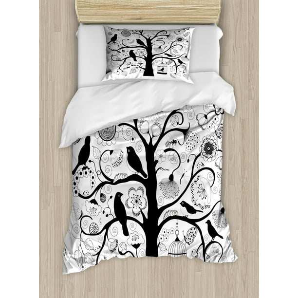 Black And White Duvet Cover Set Twin Size Tree With Swirling
