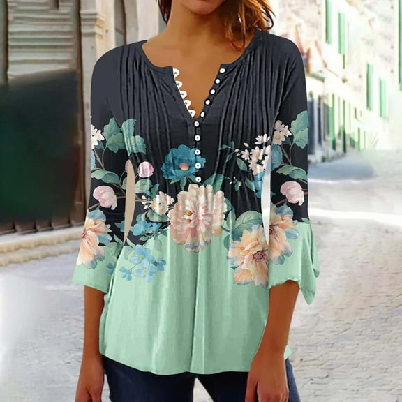 Sakmal Womens Tops 3/4 Sleeve Green Floral Button V-Neck Tunic Womens Shirts