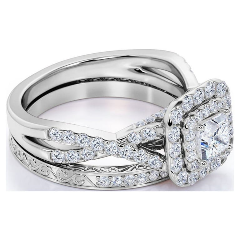 1.25 ct - Square Moissanite - Double Halo - Twisted Band - Vintage Inspired  - Pave - Wedding Ring Set in 18K White Gold over Silver