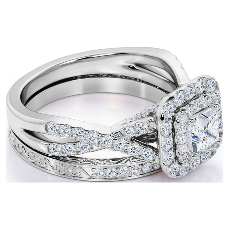 1.25 ct - Square Moissanite - Double Halo - Twisted Band - Vintage Inspired  - Pave - Wedding Ring Set in 18K White Gold over Silver 