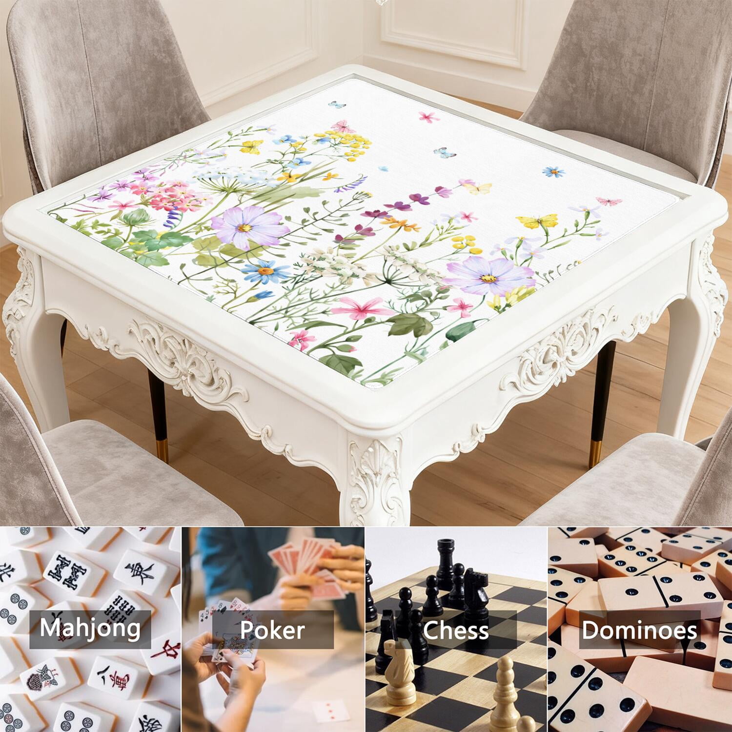 Premium Floral Design Rubber Table Cover for Game Room 31.5x31.5 Inch Extra Large Mahjong Pad with Anti-Skid Bottom & Quiet Play for Tiles