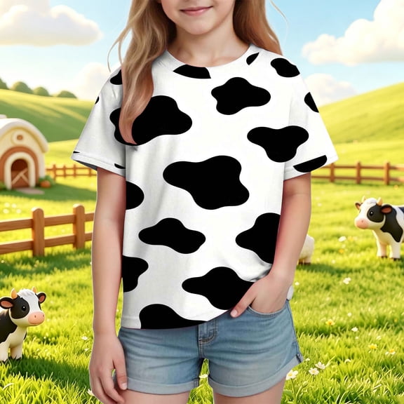 fnnxnal Girls Cow Print T-Shirt Short Sleeve Crew Neck Multicolor Animal Graphic for Kids Ages 4-12,Size 9-10 T