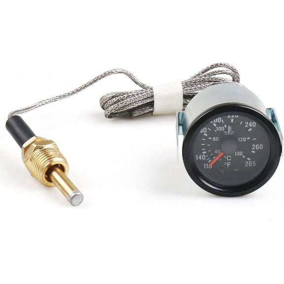 2" 52mm 12V Pointer Mechanical Water Temperature Temp Gauge (40-130℃,110-265℉,Yellow Light Car Meter with Sensor NPT 1/2, 1.8m Wire Length
