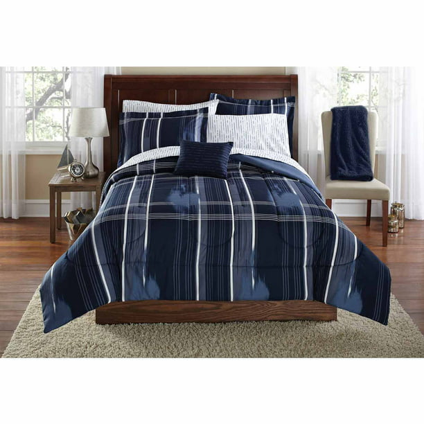 Mainstays Blue Plaid 8 Piece Bed in a Bag Comforter Set With Sheets ...