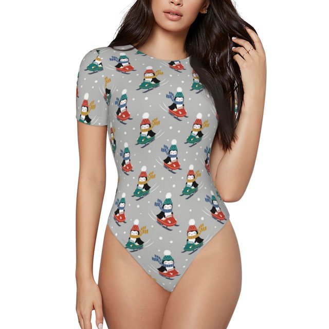 Balery Skiing penguin Body de cuello redondo de manga corta para mujer Tops de manga corta Tops básicos-XX-Large