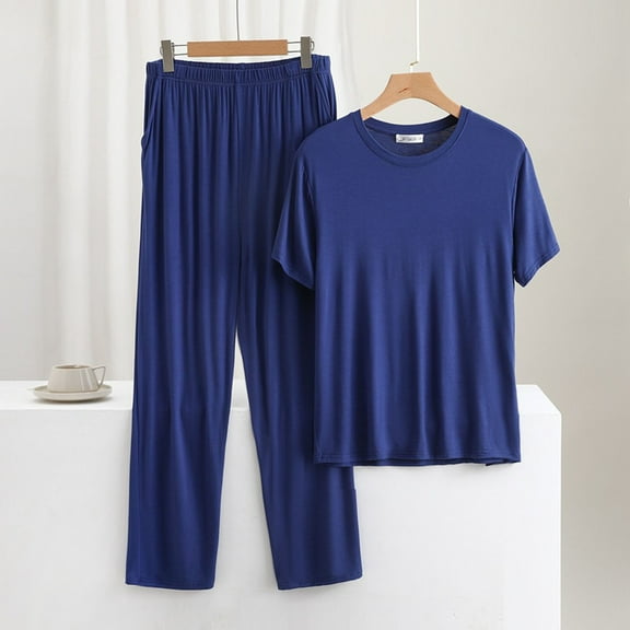 Mens Soft-Modal Pajama Sets 3X-6X Plus Size Short Sleeve T-Shirts and Pants 2 Piece Casual Solid Color Loungewear Outfits Set with Pockets