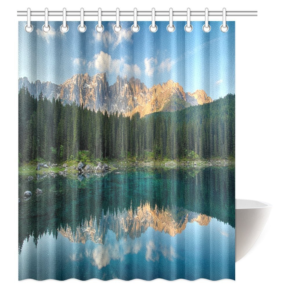 MYPOP Lake House Decor Shower Curtain, Lake with Mountain Forest Landscape Lago Di Carezza Wild