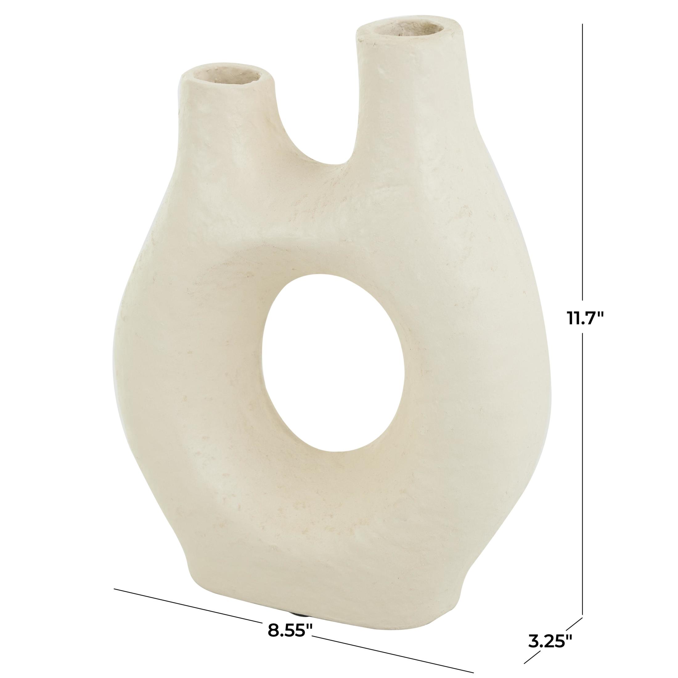 DecMode 12" Abstract Rounded Beige Paper Mache Vase with Double Openings