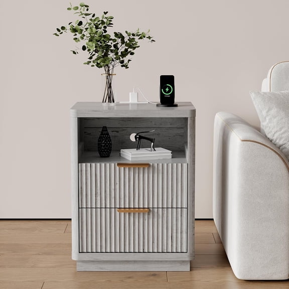 2-Drawer Nightstand with Charging Station Mid-Century Modern Fluted End Table for Bedroom