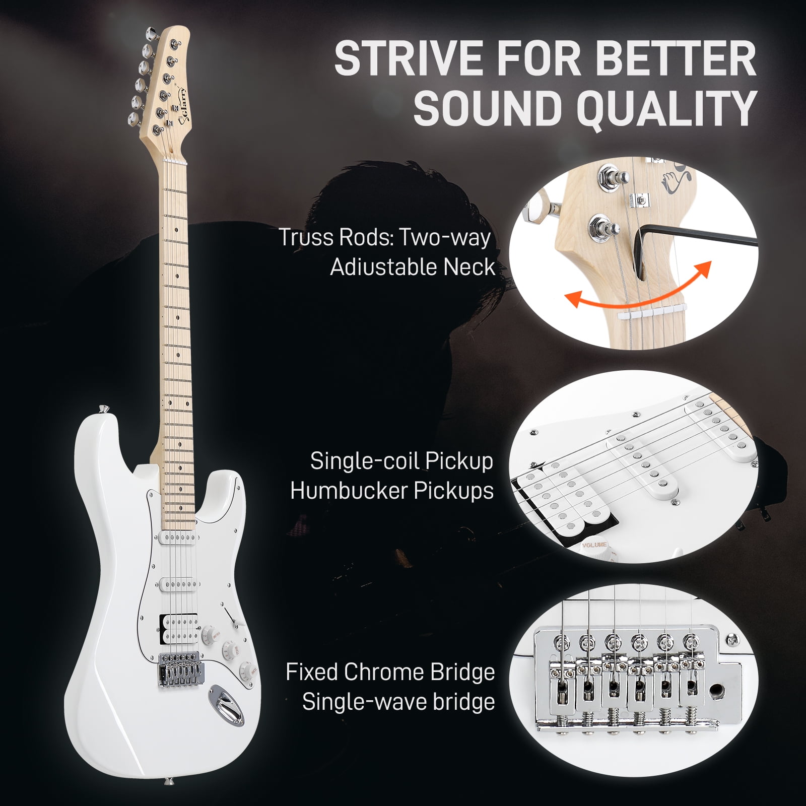 Tcbosik Electric Guitar with 20W Amplifier, 6 Strings Right Handed Electric Guitar Kit for Beginner with Bag, Strap, Amp Wire, Tremolo Arm and Wrench Tool, White