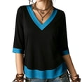 thumbnail image 2 of Warop Women's Summer Color Block V Neck 3/4 Sleeve Top Contrast Cuff Hem Casual Loose Tee Blouse for Daily Outing, 2 of 9