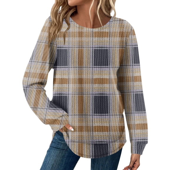 Kixjoy Plus Size Clothes for Women Long Sleeve Fashion Crewneck Tunic Tops Waffle Knit Plaid Loose Fit T Shirts Casual Winter Blouses for Women, Khaki L
