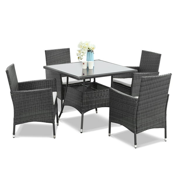 Superjoe 5 Piece Outdoor Wicker Patio Dining Set Steel Frame Umbrella Hole Grey Com Outdoor Wicker Patio Dining Set, 5 Piece Wicker Patio Dining Table Set With 4 Chairs