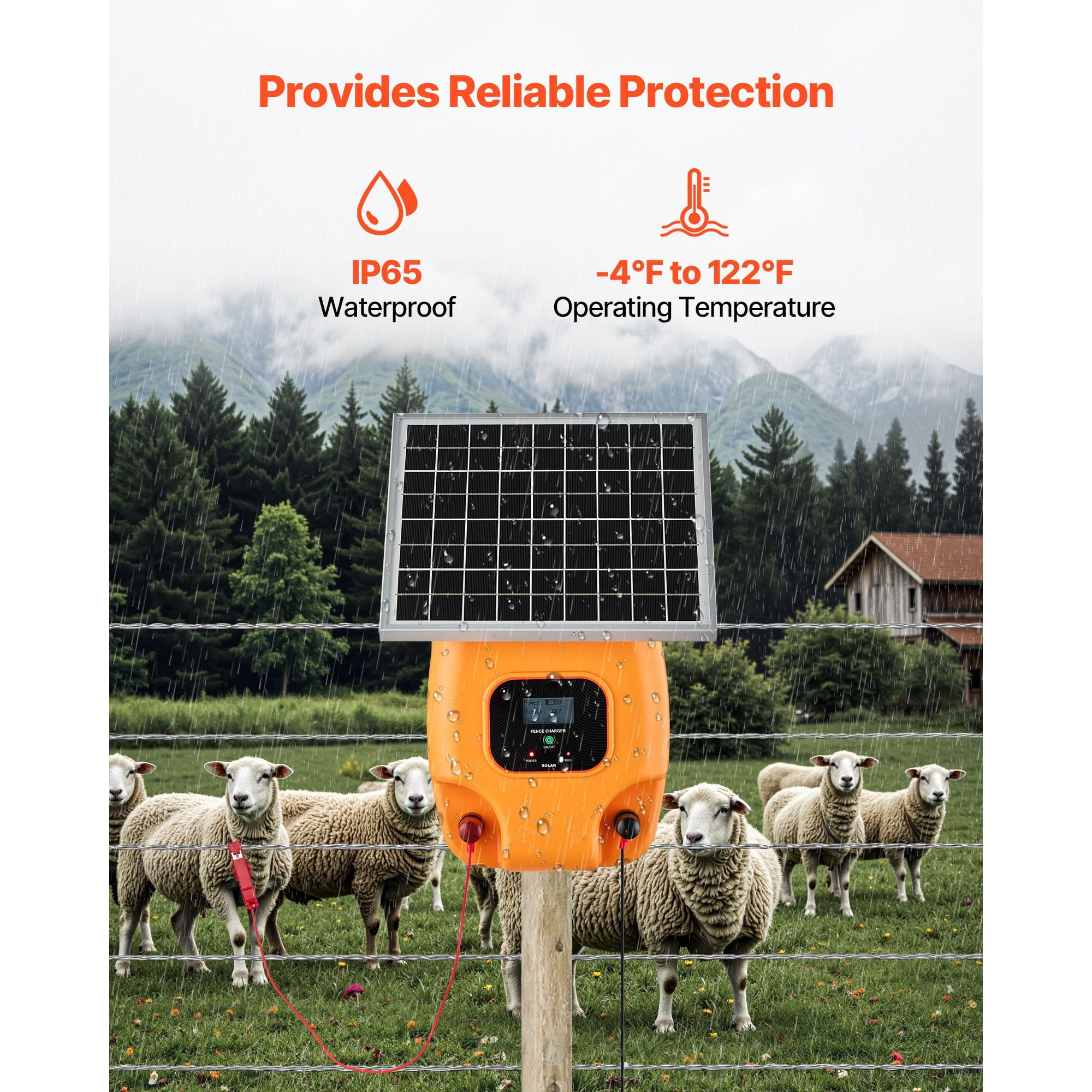 Solar Electric Fence Charger 10kV 1J, 8100mAh Battery, IP65 Waterproof, 10W Solar Panel, for Livestock Garden Pet Protection