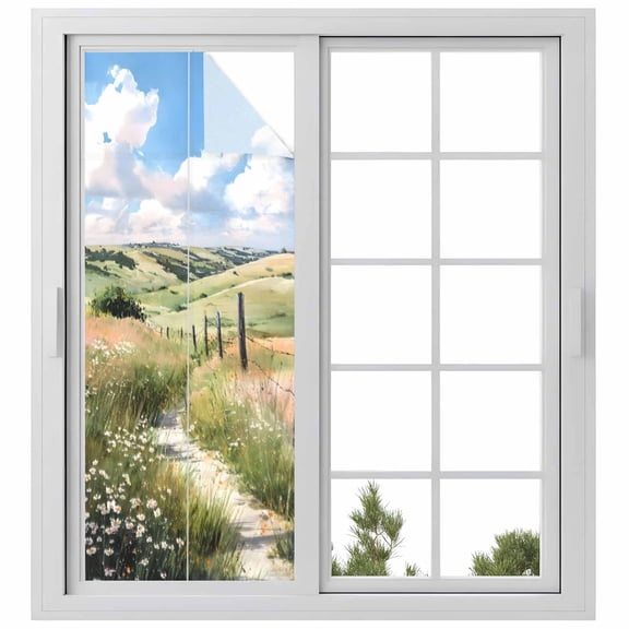 Spring Grassland Window Privacy Film, Nature Blue Sky Mountain Scenery Static Cling UV Sun Blocking Heat Control Window Tint Day and Night, Non-Adhesive One Way Windows Privacy Cover 29.5''x78.7''