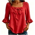thumbnail image 3 of ZVAVZ Womens Bow Tie Square Neck Blouses Ruffle 3/4 Sleeve T-shirts Cotton Fashion Going Out Dressy Tee Shirts Red S, 3 of 6