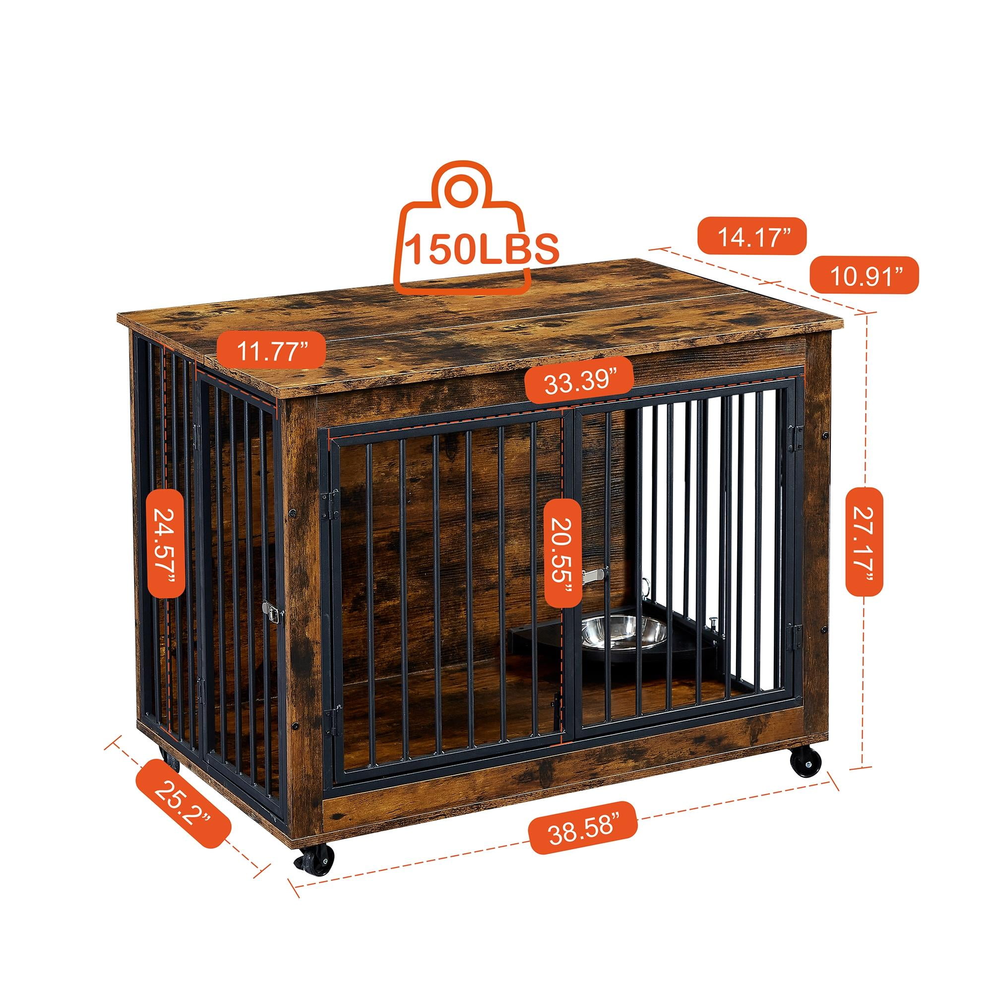 Pefilos 38" Dog Crate with Rotatable Feeding Bowl, Wheels, Three Doors Kennel Flip-Up Top Opening, Furniture Style Dog Cage for Indoor Dogs, Brown Pefilos 38" Dog Crate with Rotatable Feeding Bowl, Wheels, Three Doors Kennel Flip-Up Top Opening, Furniture Style Dog Cage for Indoor Dogs, Brown
