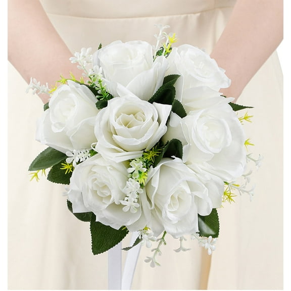 Artificial Bridal Bouquet | Silk PE Rose Wedding Bouquet for Bride and Bridesmaid | White Ribbon Satin Handle | Elegant Decorative Flowers for Ceremony, Party, Anniversary | 19x26cm