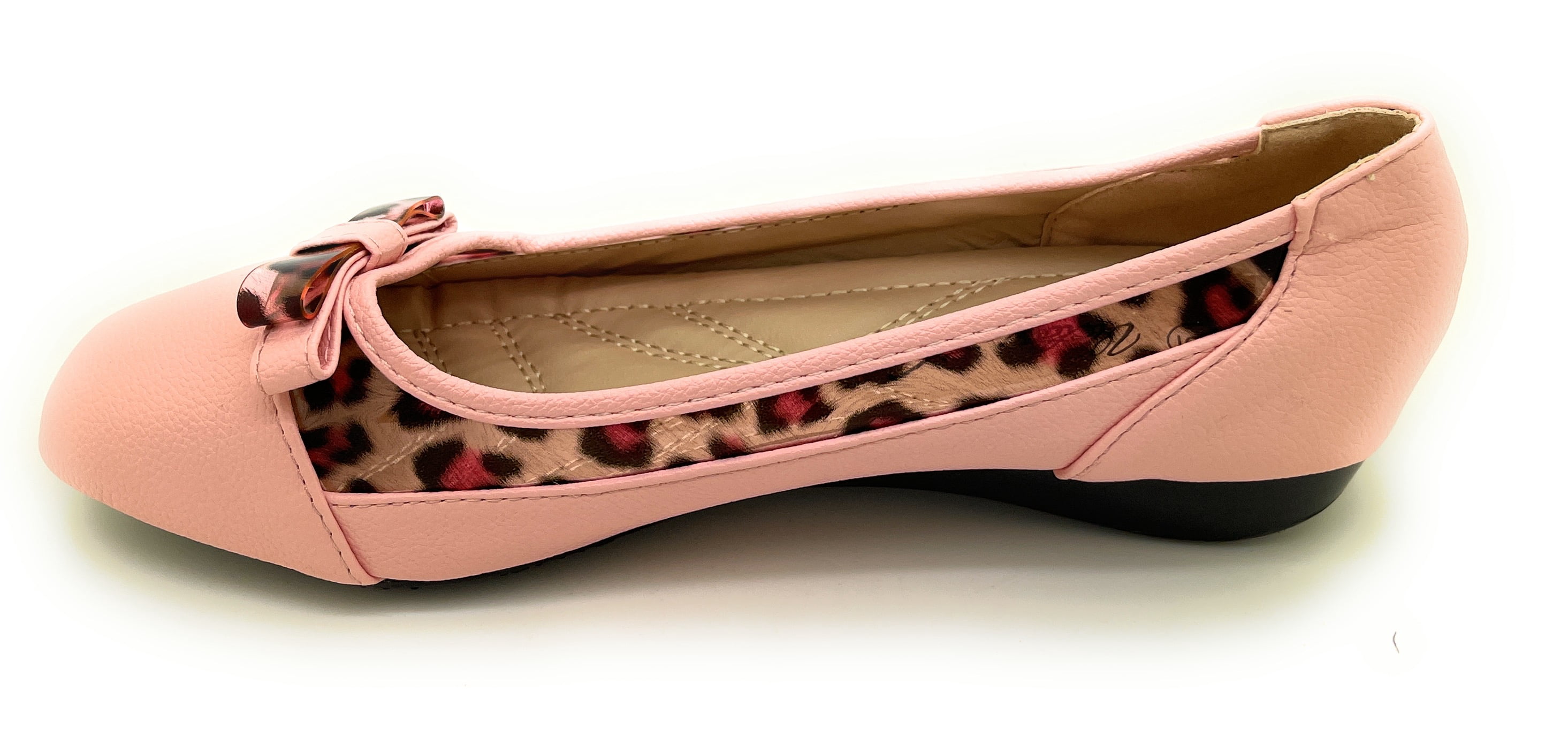 Women’s Ballerina Flats with Leopard Print Trim and Bow – Low Wedge Slip-On Dress Flats with Cushioned Insole – Comfortable Casual Everyday Shoes for Work or Evening Wear