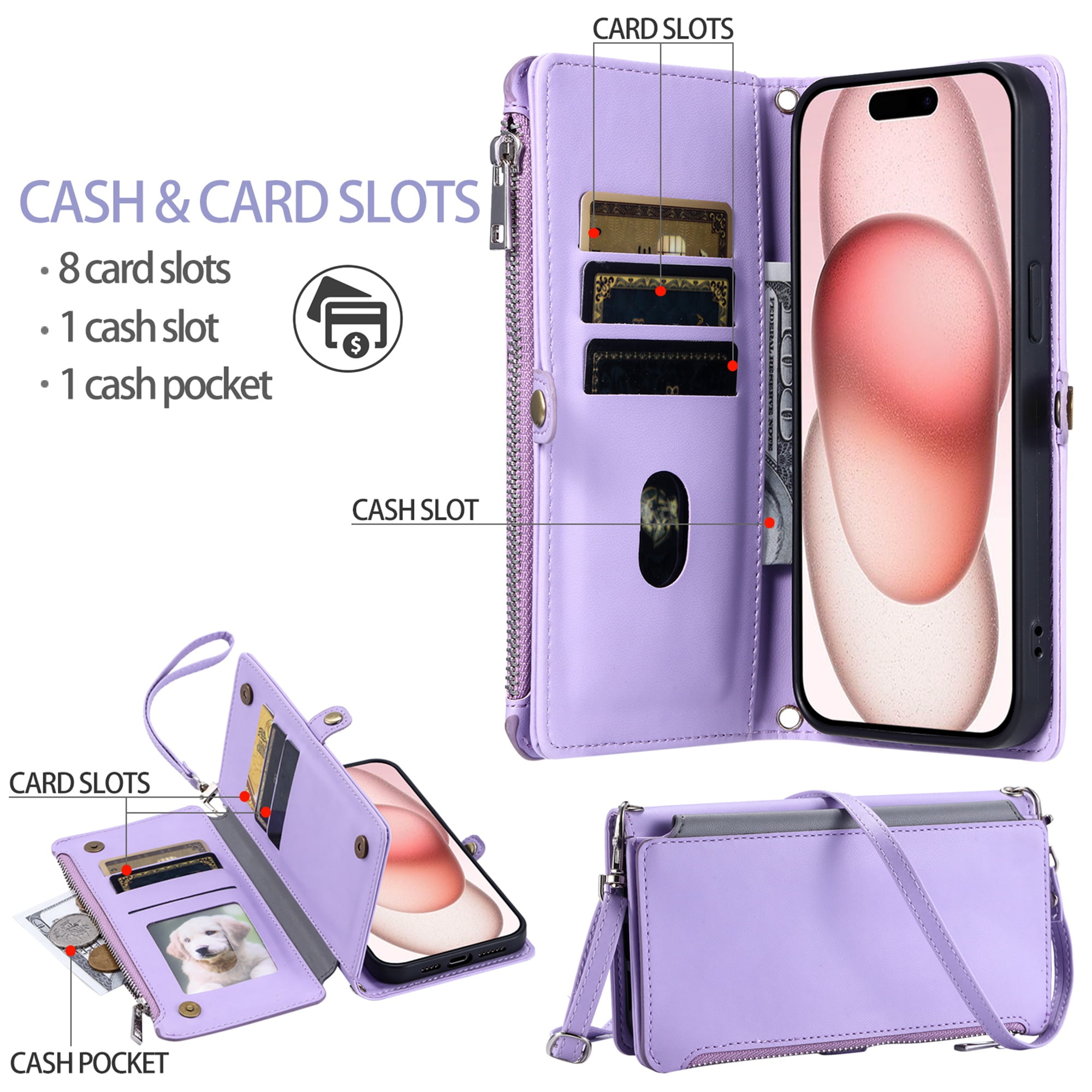 Dteck for Samsung Galaxy A25 5G Wallet Case, Crossbody Zipper Purse with Wrist for Women Men, 8-Card Slots Holder PU Leather Kickstand Flip Cover Phone Case,Purple