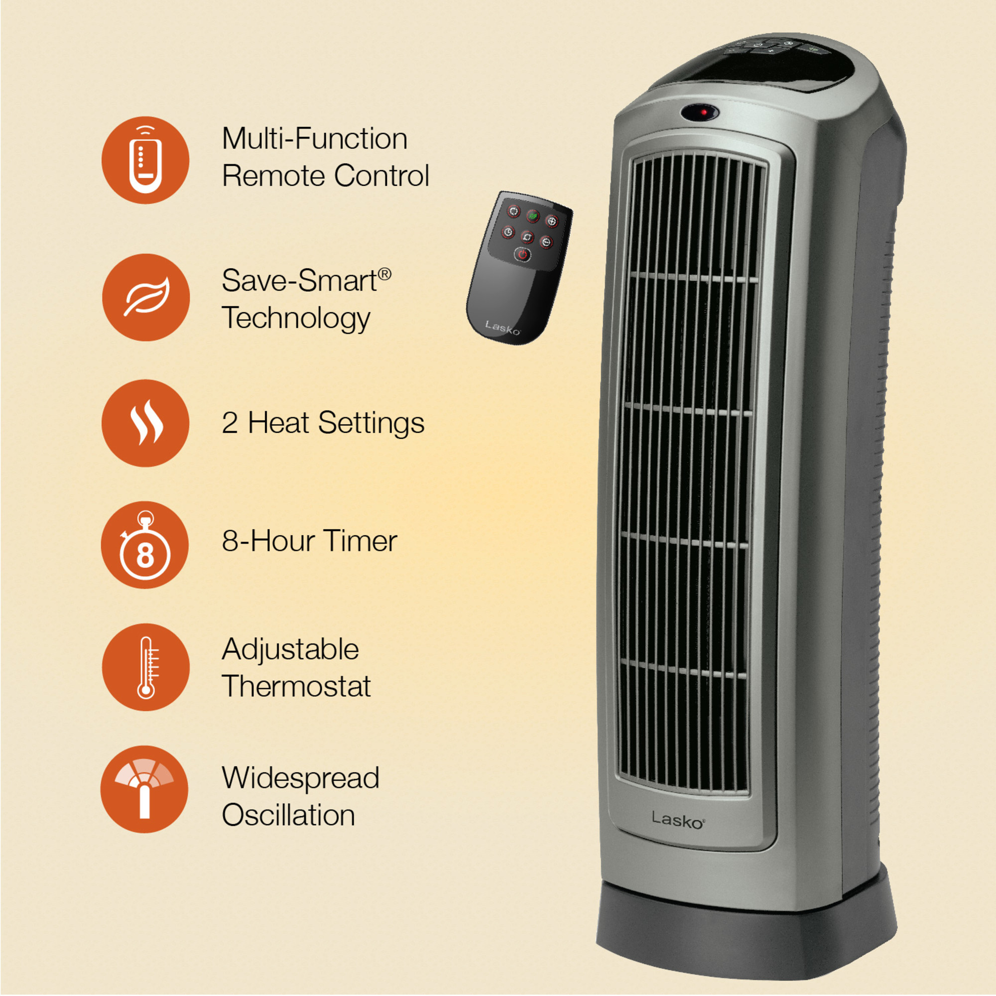 Lasko 22.2" 1500W Oscillating Ceramic Electric Tower Space Heater with Remote, Gray, 5538, New - image 2 of 13