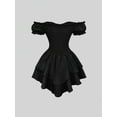 thumbnail image 2 of Women's Off-Shoulder Puff Sleeve Short Dress, Lace-Up Waist Asymmetric Hem Dress, 2 of 6