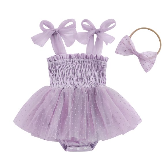 Svuitmsl Newborn First Birthday Cake Smash Outfit Baby Girl Summer Dot Tulle Romper Dress Baby Girls Photoshoot Outfits Strap Tie-Up Smocked Tutu Dress Princess Party Dress Headband