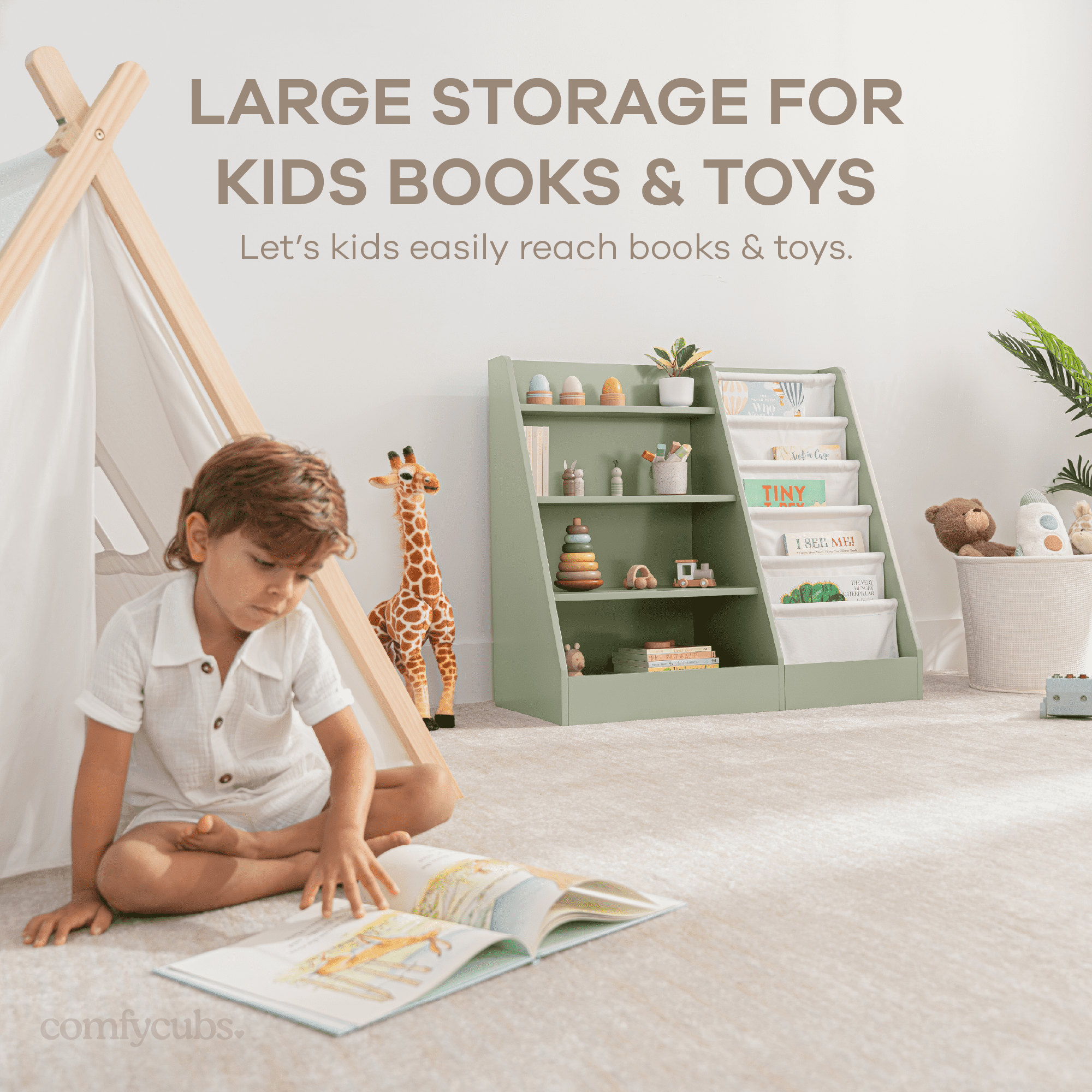 Comfy Cubs Kids Bookshelf 35.2 x 15.7 x 31.5 in - Montessori Book Shelf Storage Organizer - Sage