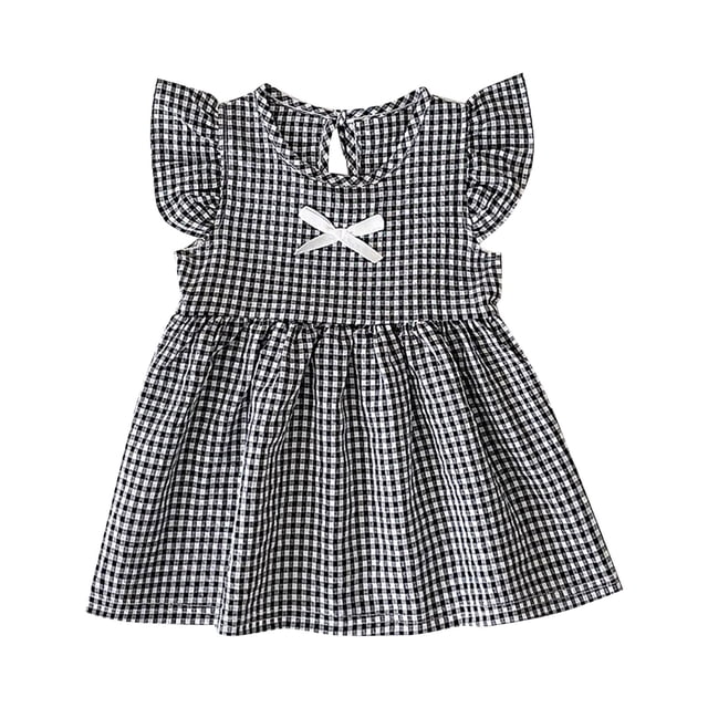 Toddler Girls' Dresses Summer Fly Sleeve Plaid Pattern Solid Color Summer Light Casual Dress Robe Fille Size 18-24 Months