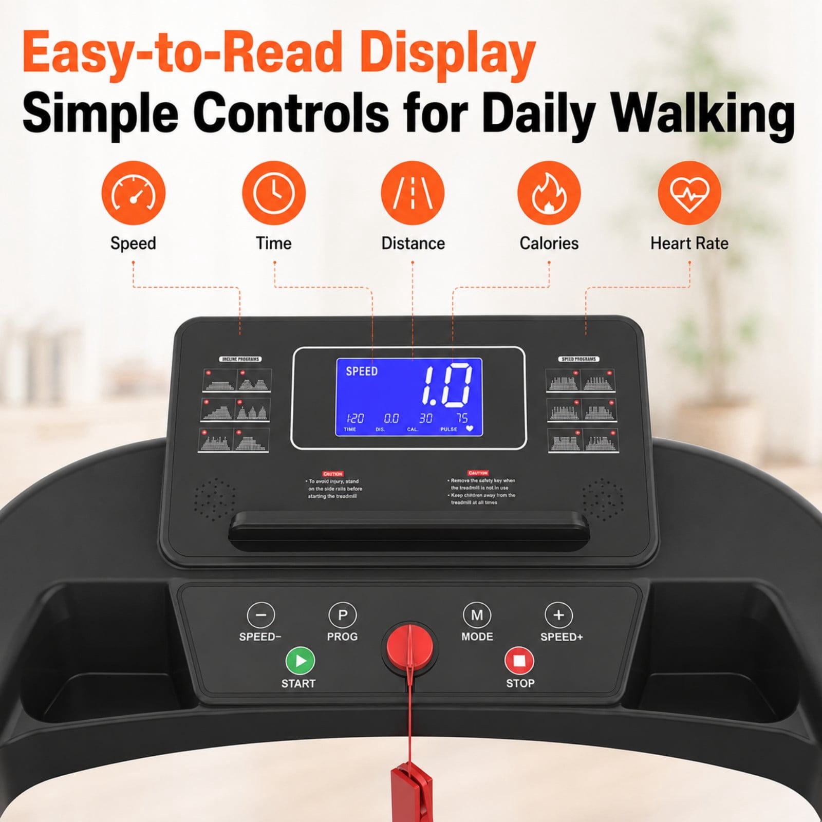 Noaman Senior Walking Treadmill with Long Handrails, Walking Pad Treadmill for Home, 2.5 HP Quiet Motor, 0.5-7.5 MPH Speed Range, Large LED Display, 300 lb Capacity, Black