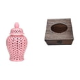thumbnail image 1 of Jarrón de con forma de jengibre y tapa para arreglos florales y decoración de fiestas, combinado con soporte de caja de pañuelos de madera,, 1 of 8