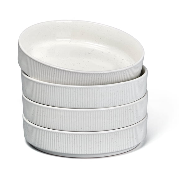Vesteel Pasta Bowls Set of 4, 32oz Large Salad Bowls for Dinner Serving Soup, Ceramic Stoneware Pasta Plates with Textured Stripes, Microwave & Dishwasher Safe, Speckled White