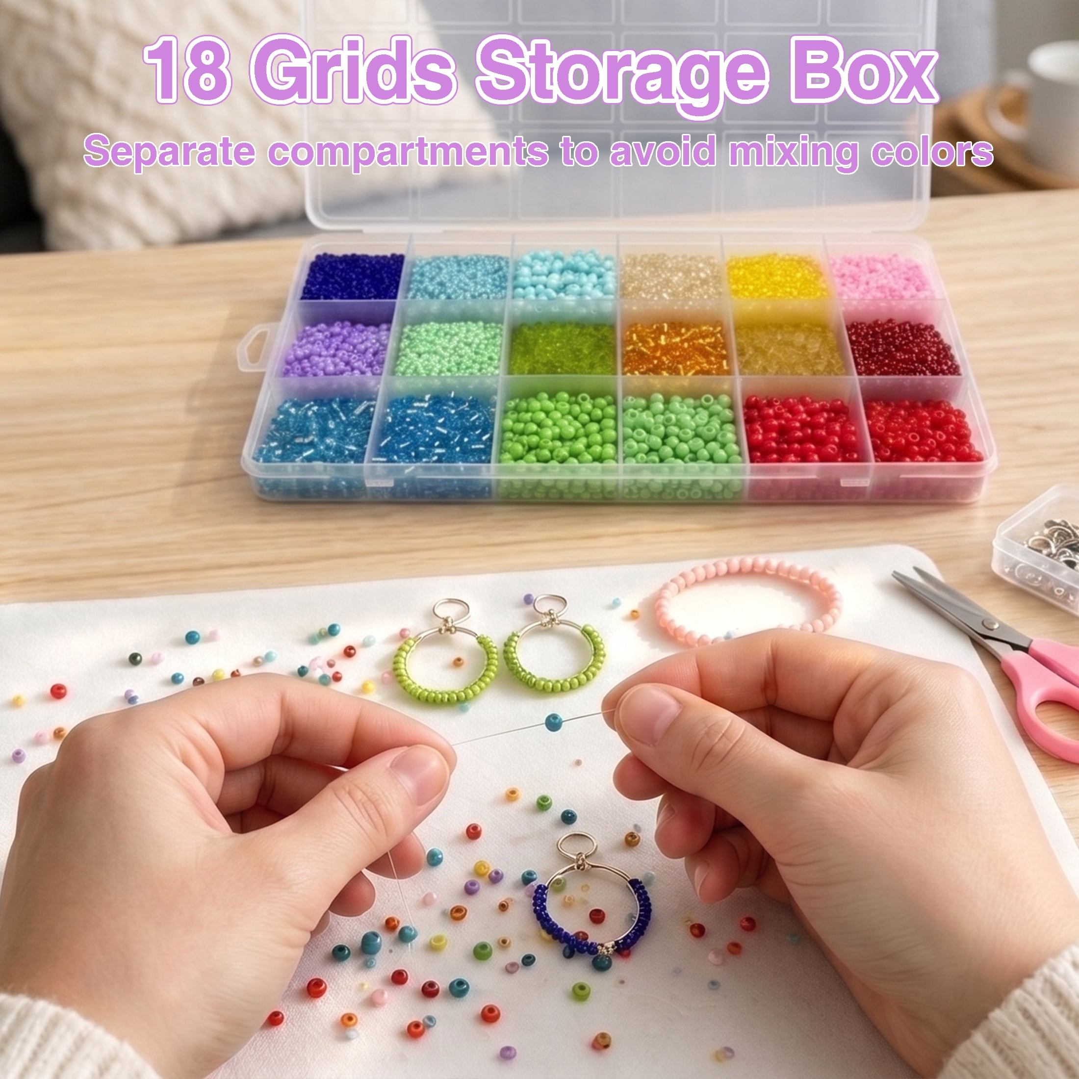GARITIN Glass Seed Beads Kit 10000Pcs, 18 Colors 2mm Small Beads & 4mm Tube Beads with Storage Box, DIY Craft Beads for Jewelry Bracelet Making, Necklaces, Earrings