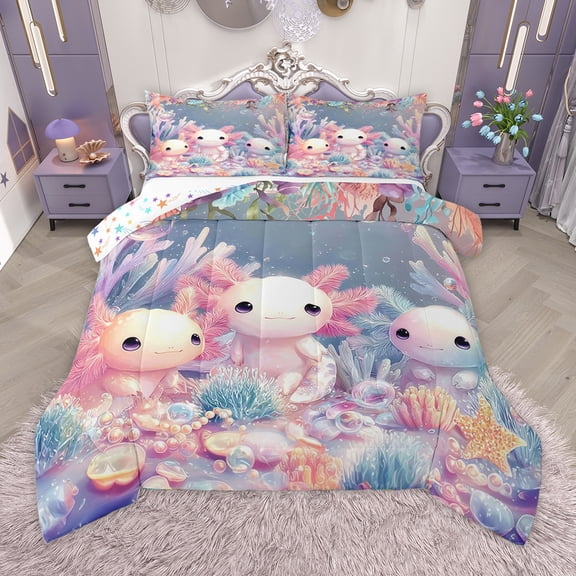 Homewish Cute Cartoon Axolotl Bedding Comforter Set,Watercolor Coral Starfish Twin Comforter Sets,Pink Blue Bedding Set For Girls,Ultra Soft Home Decor Reversible,2pcs