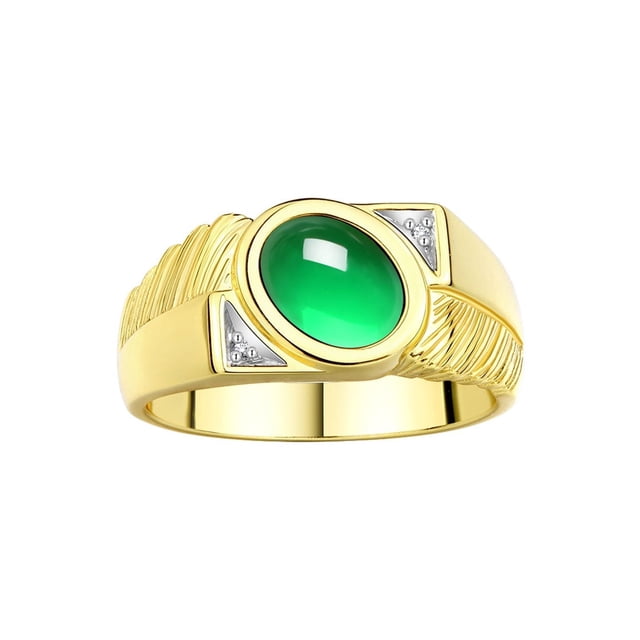 RYLOS Men's Rings 14K Yellow Gold Cabochone Gemstone & Diamond Designer Emerald Rings For Men Size 13