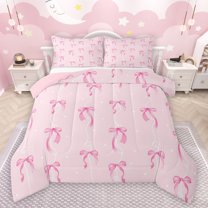 jejeloiu Cute Bowtie Ribbon Full Size Comforter Sets,Cartoon Bow Knot Bedding Comforter Set,Pink Circle Dots Bedding Sets For Girls,Super Cozy Room Decor Reversible,3 Pieces