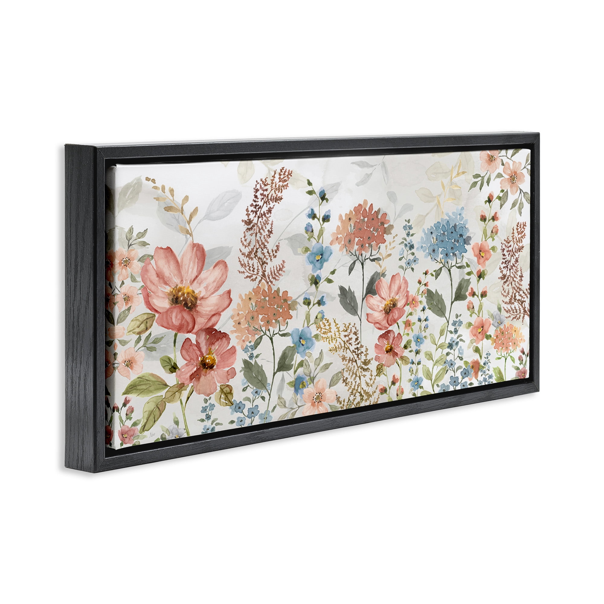 Stupell Industries Pastel Spring Florals Botanical & Floral Painting Black Floater Framed Canvas Art Print Wall Art, 25 x 11
