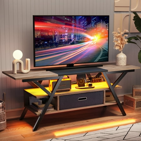 Bestier Modern TV Stand with LED & Outlets for TVs up to 65 Console Table with Y-shaped Legs Pinewood