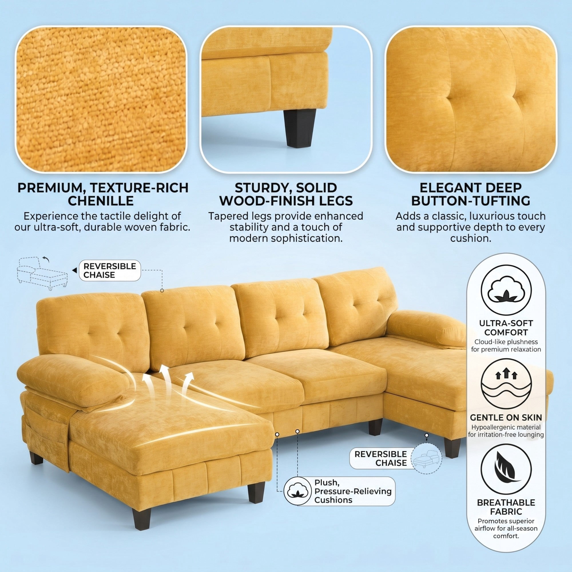 Sailvan 103.5" U-Shaped Sectional Sofa, Chenille Fabric Couch with Dual Chaises and Storage Pockets Yellow
