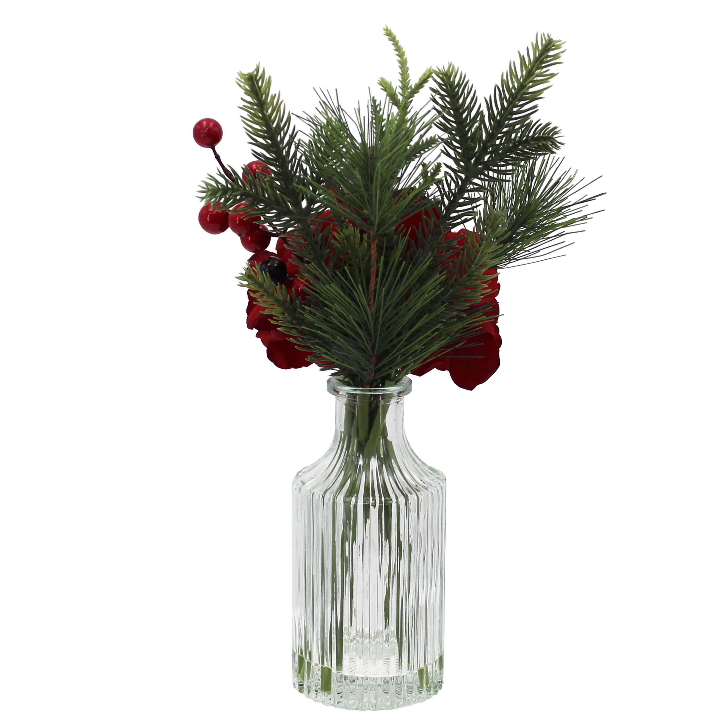 Mainstays 11.5" Decorative Tabletop Artificial Christmas Red Floral Hydrangea in Clear Ribbed Glass Vase