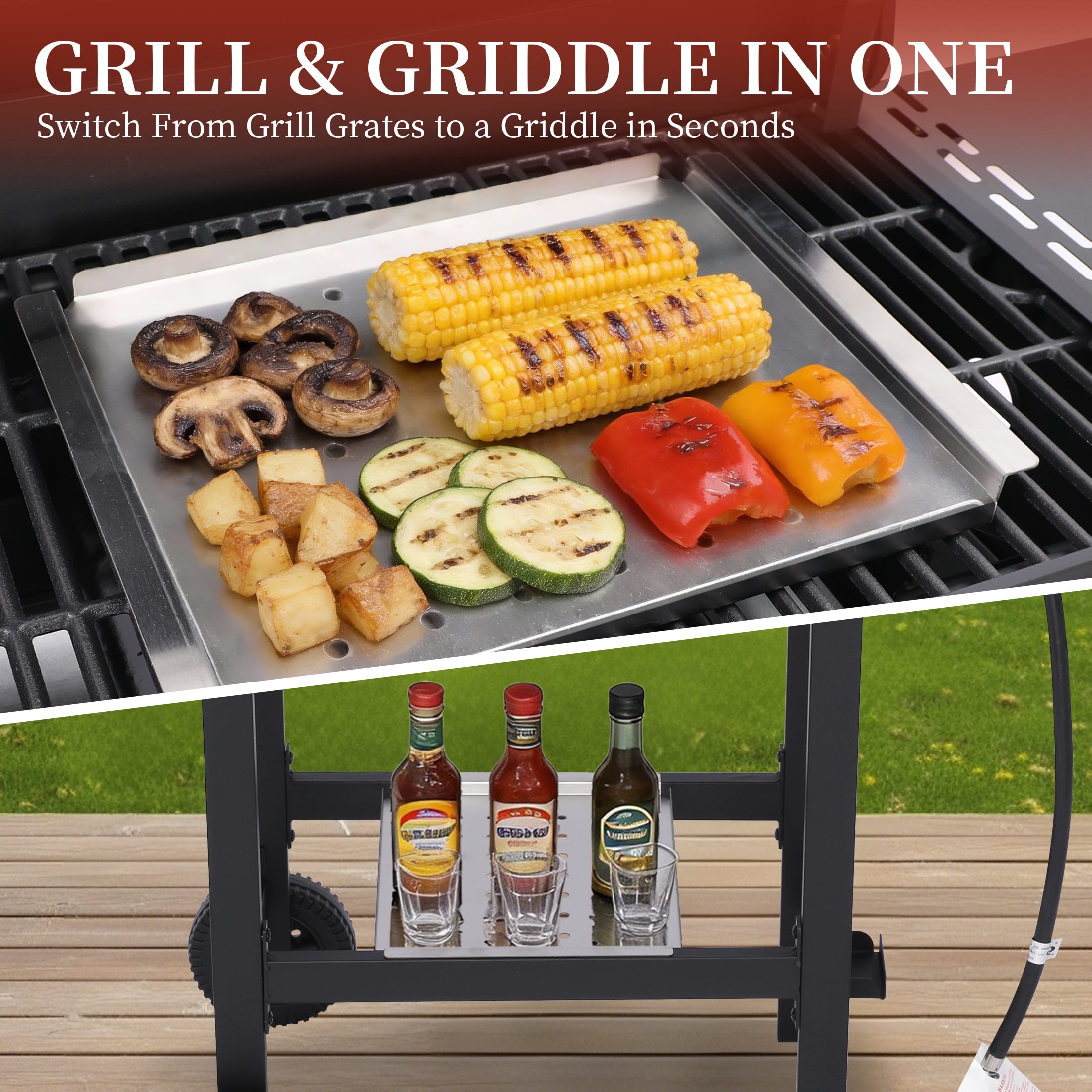 CIG GARDEN 4-Burner Propane Gas Grill with Folding Side Tables, Cast Iron Grates, and Stainless Steel Grill Pan