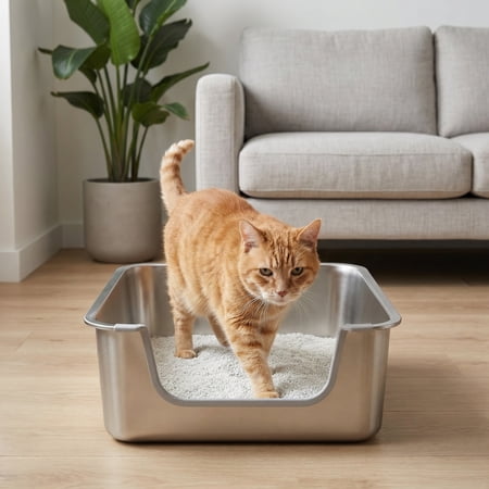 stainless steel cat litter box with low entry, bug hull high sided metal pan, odor control, easy to clean, 23.4" x 15.6" x 6"