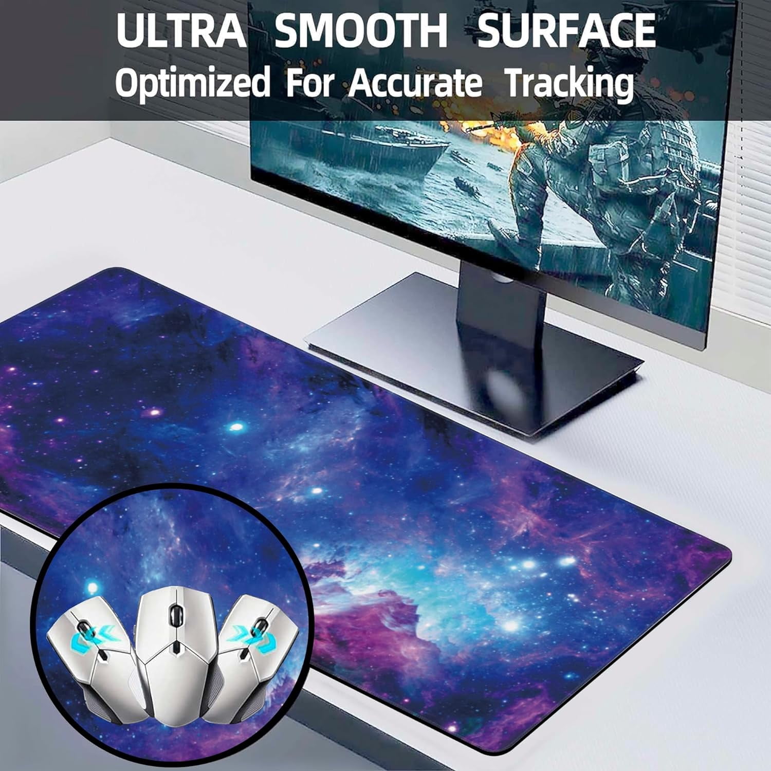 Desk Pad, Blue Purple Nebula and Stars Extended Large Gaming Mouse Pad for Desk XXL, Large Desk Mat for Desktop with Non-Slip Rubber Base Stitched Edges for Computer Keyboard Home Office 35.4"X15.7"